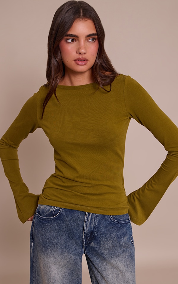 Olive Soft Cotton Boat Neck Flared Long Sleeve Top