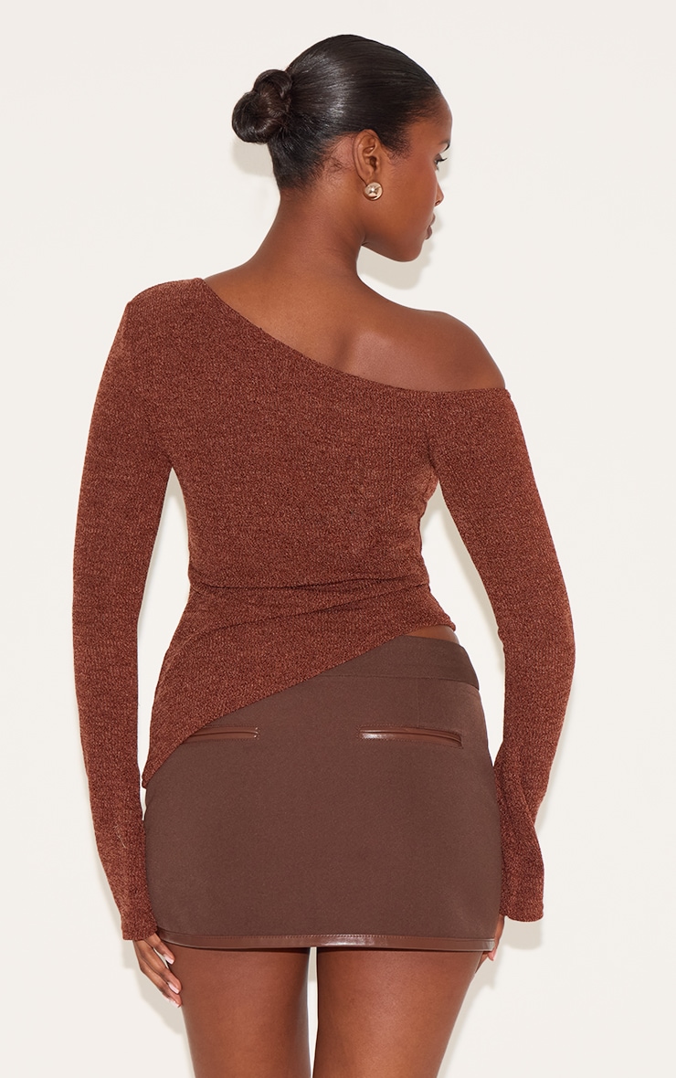 Brown Textured Asymmetric Flared Sleeve Long Top image 2