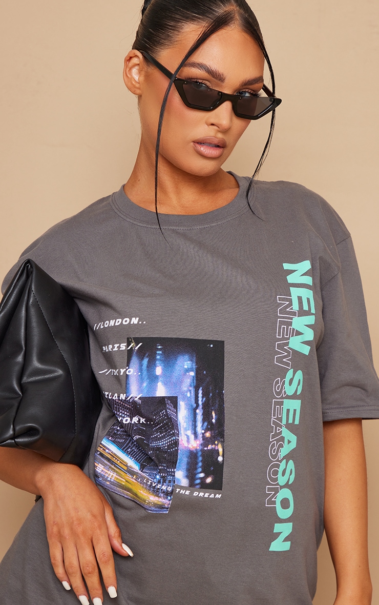 Charcoal New Season City Oversized Printed T Shirt image 4