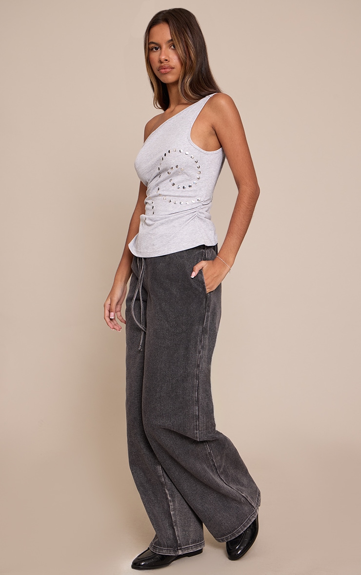 Petite Grey Wash Elasticated Tie Waist Wide Leg Jeans image 2