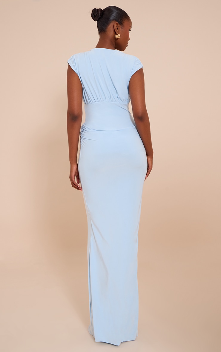 Blue Double Layer Plunge Ruched Shoulder Drape Waist Maxi Dress image 2