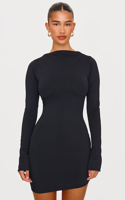 Black Matte Sculpt Boat Neck Long Sleeve Mini Dress