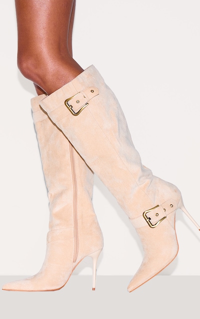 Stone Faux Suede Knee High Point Toe Buckle High Stiletto Knee High Boots