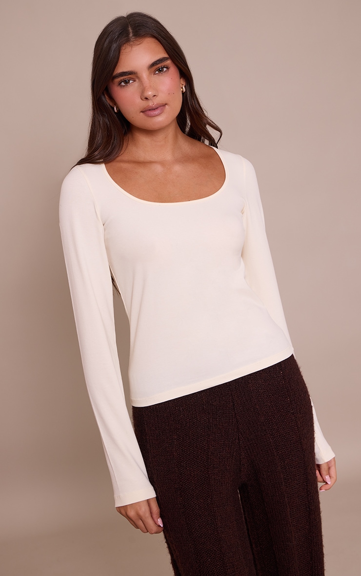 Cream Soft Cotton Scoop Neck Long Sleeve Top image 1