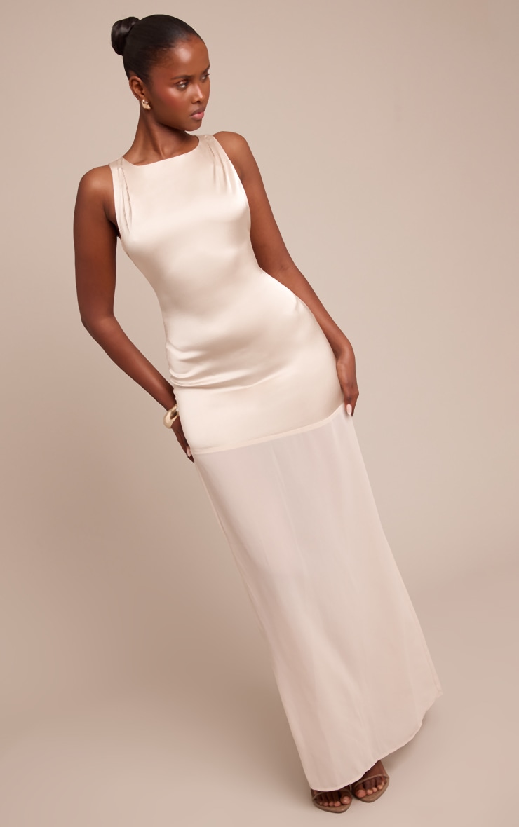 Stone Satin Boat Neck Chiffon Detail Maxi Dress image 3