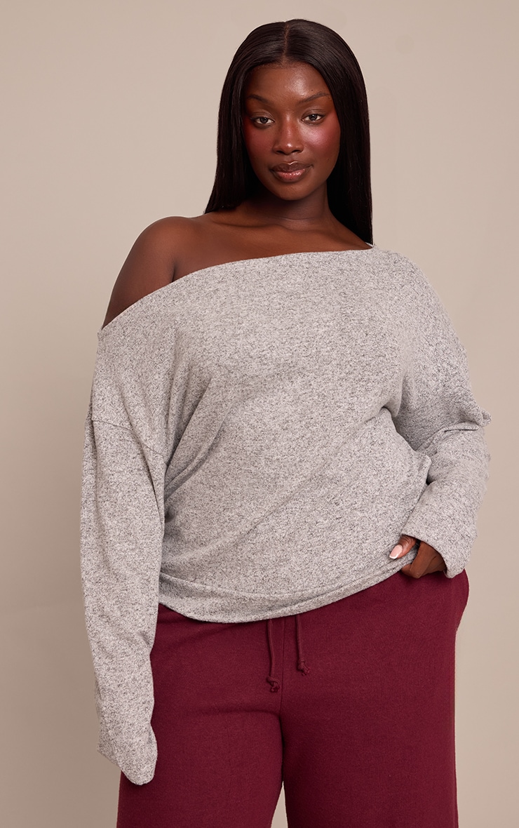 Plus Grey Marl Soft Knit Asymmetric Oversized Slouchy Long Sleeve Top image 1