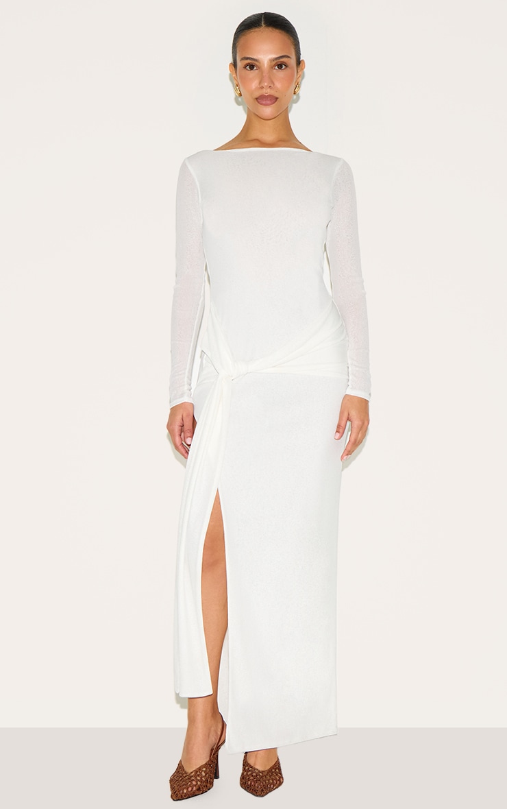 Petite White Long Sleeve Sheer Tie Front Maxi Dress image 1