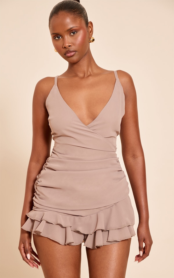 Taupe V Neck Frill Romper