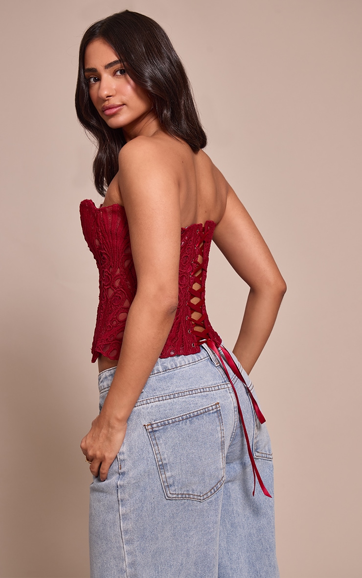 Petite Burgundy Textured Sheer Floral Lace Corset image 2