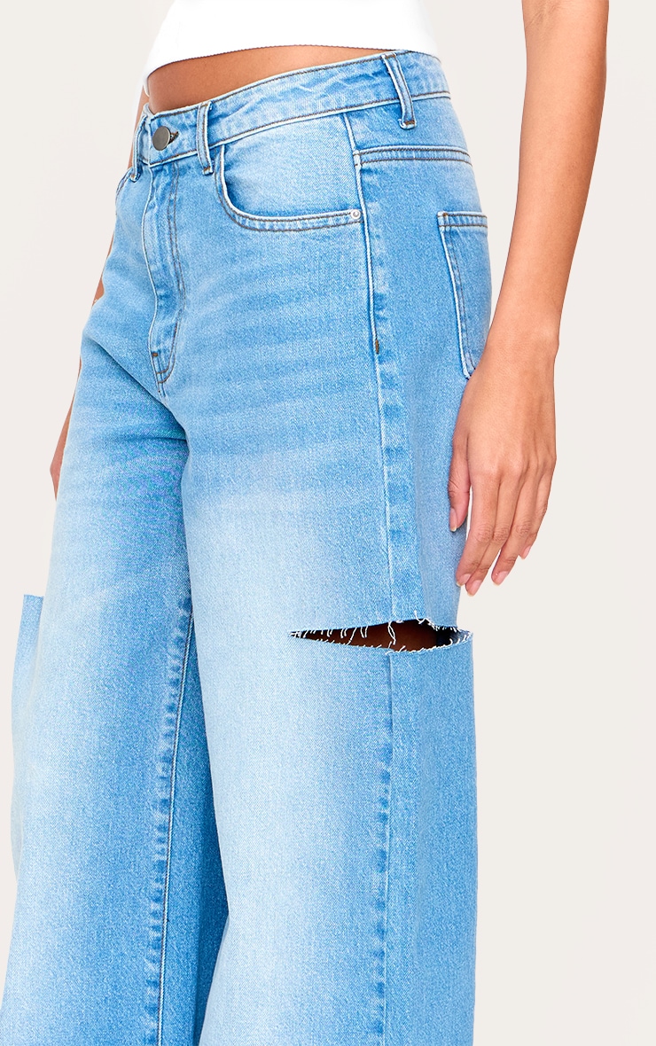 Pantalon droit délavé bleu moyen fendu sur les cuisses image 4