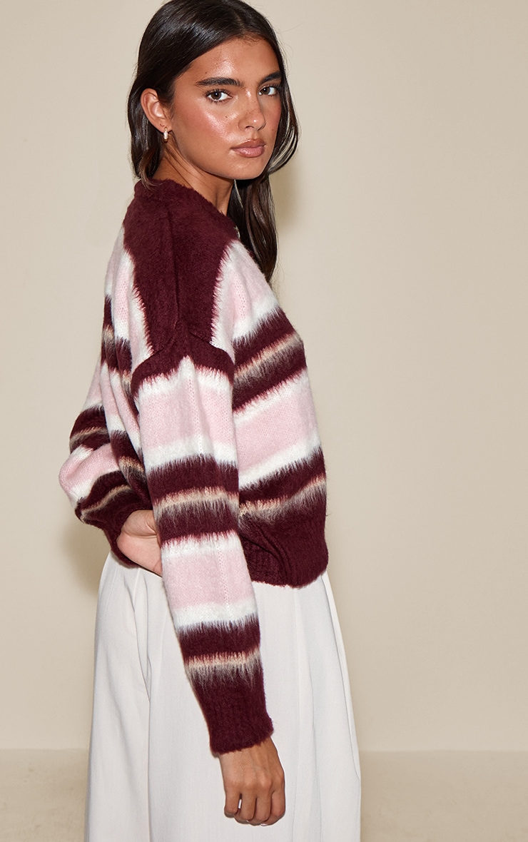 Burgundy Striped Brushed Knit Cardigan image 2