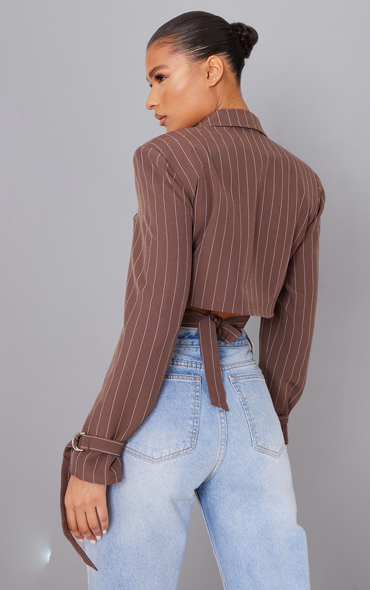 Brown Stripe Tie Detail Oversized Cropped Blazer image 2