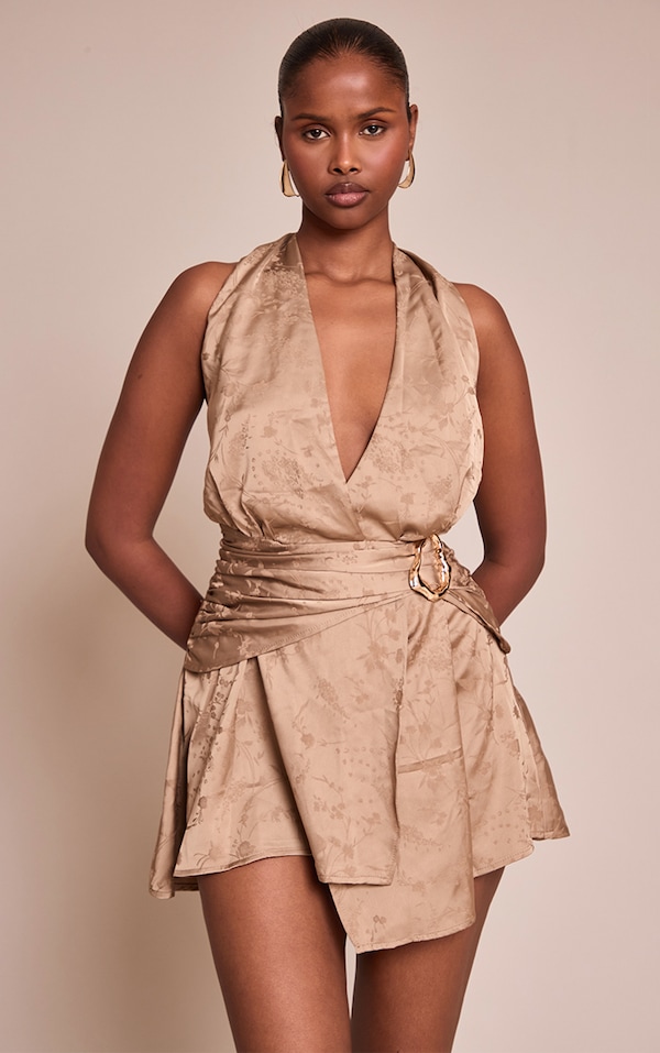 Mini robe droite en jacquard satiné vert olive à empiècement