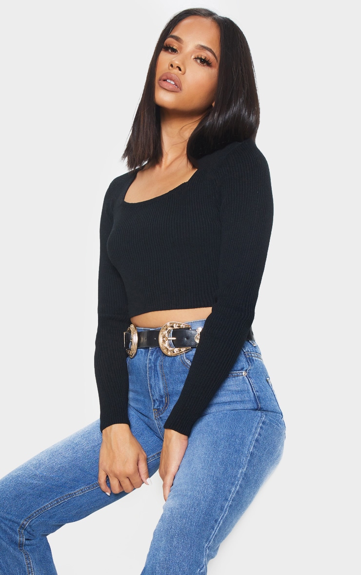 Black Knitted Square Front Ribbed Top image 1