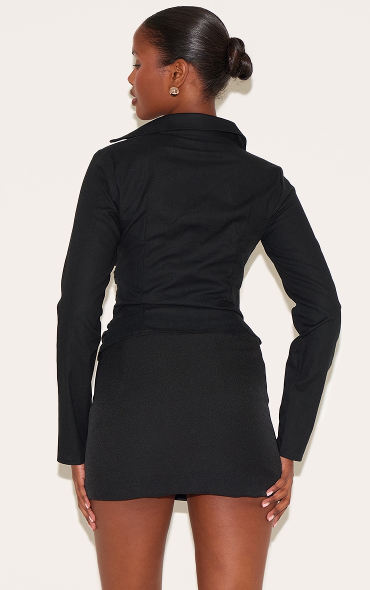 Black Linen Blend Fitted Wrap Detail Shirt image 2