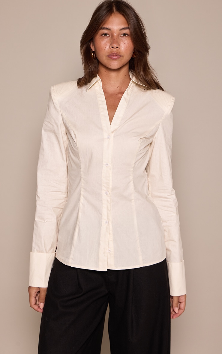 Cream Cotton Cinched Cuff Detail Shoulder Pad Shirt image 1