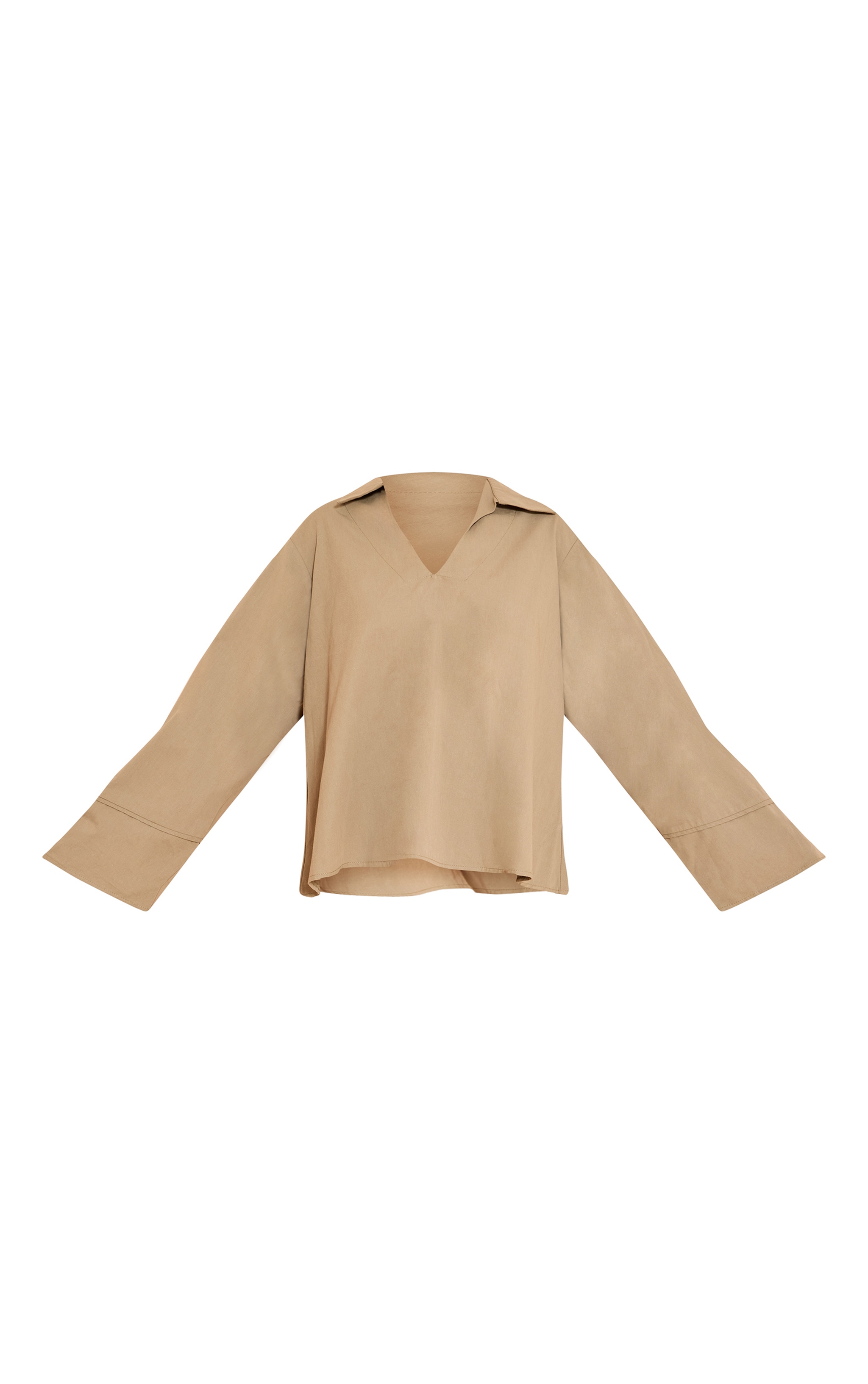 Light Khaki Cotton Woven Boxy Long Sleeve Collar Top image 5