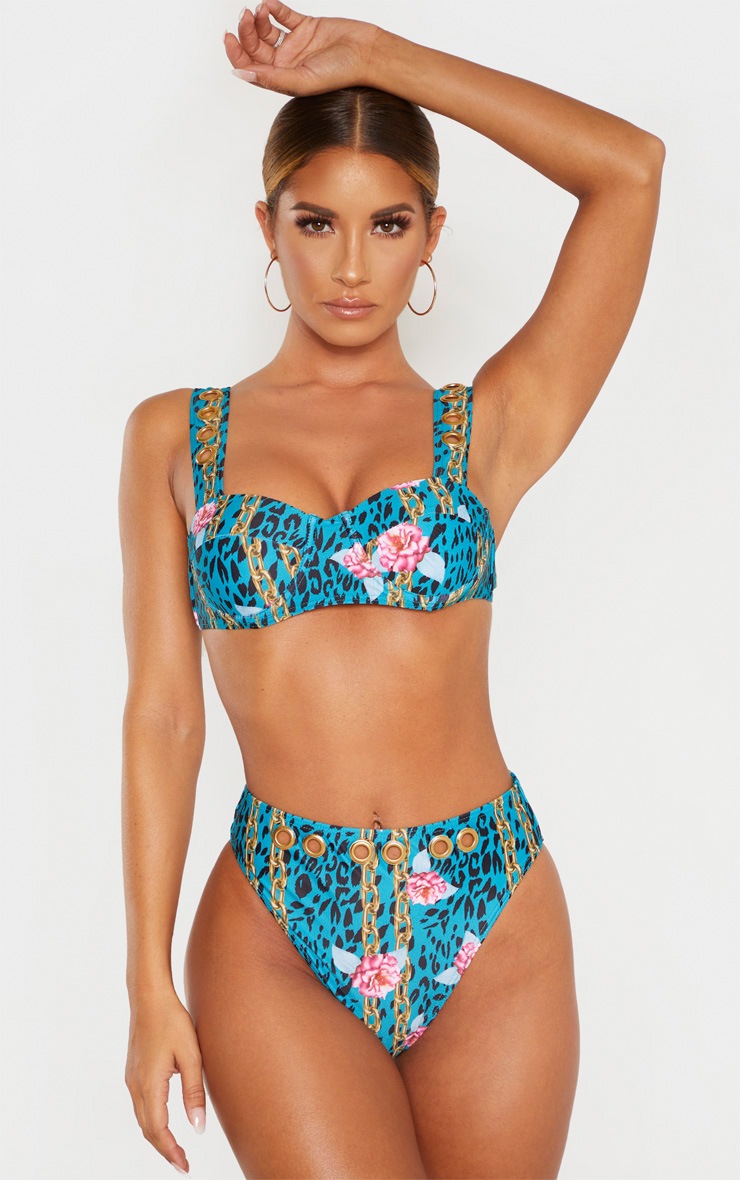Blue Chain Print Eyelet Balcony Cupped Bikini Top