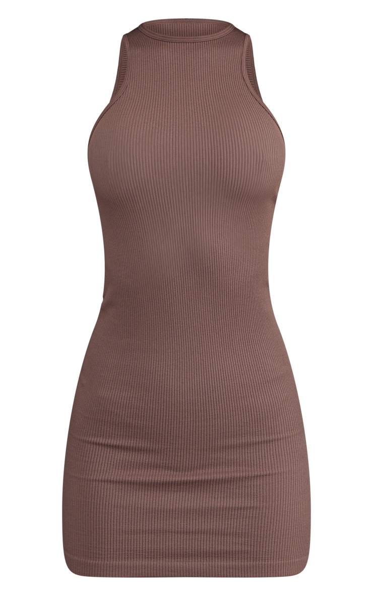 Deep Taupe Contour Rib Racer Neck Bodycon Dress | Dresses