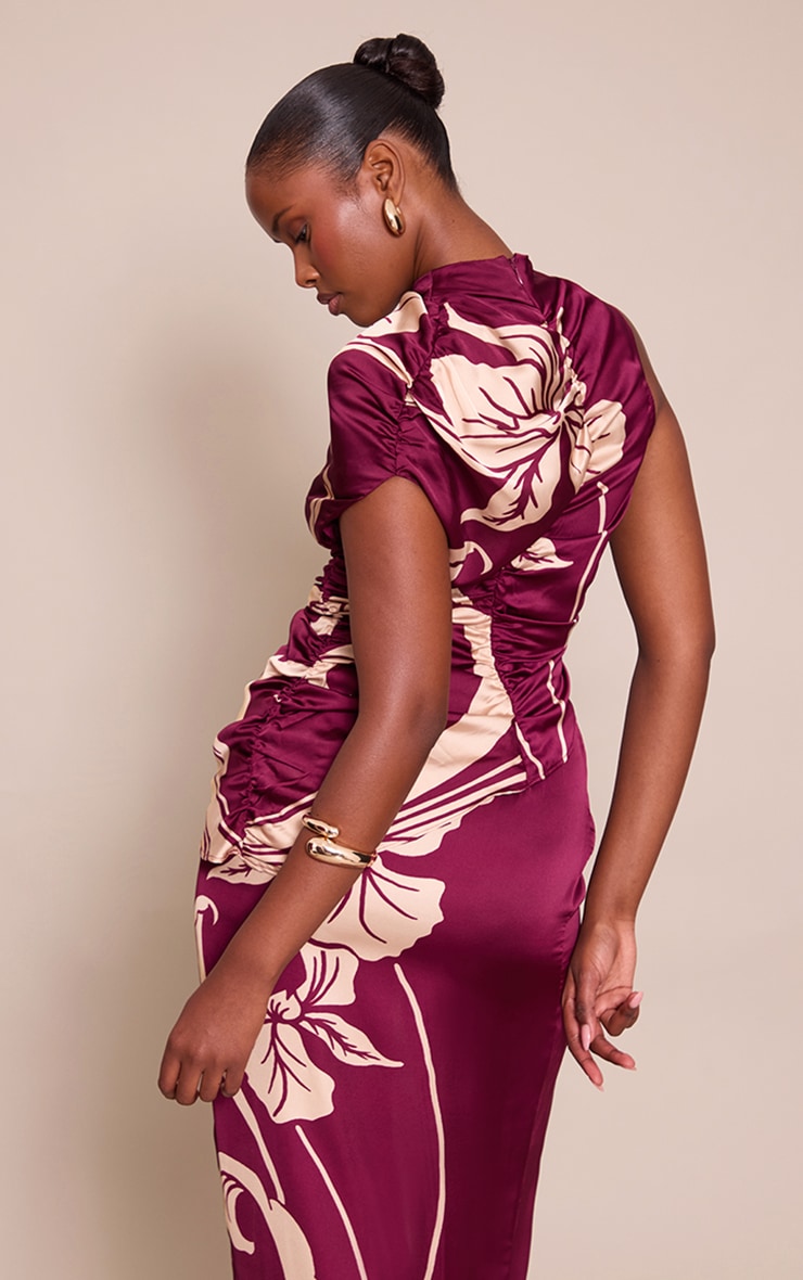 Top long satiné imprimé rouge vin froncé à col montant image 2