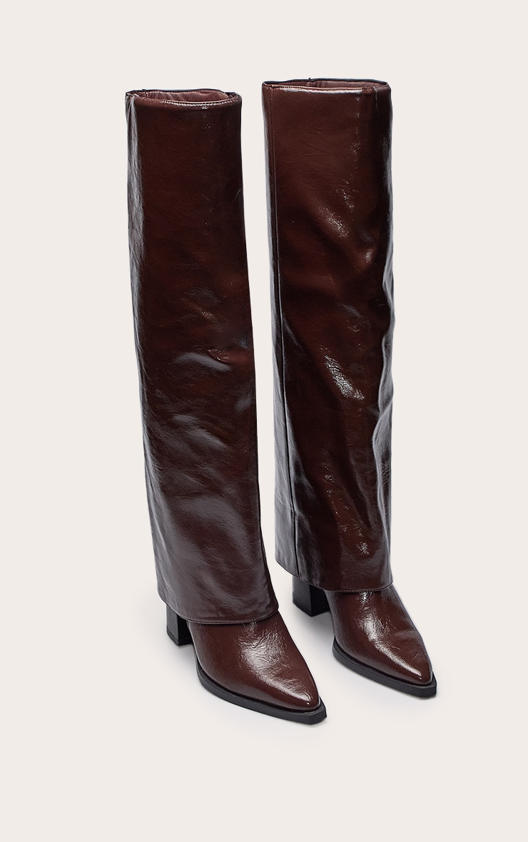 Chocolate Fold Over Knee High Block Heel Boot image 3