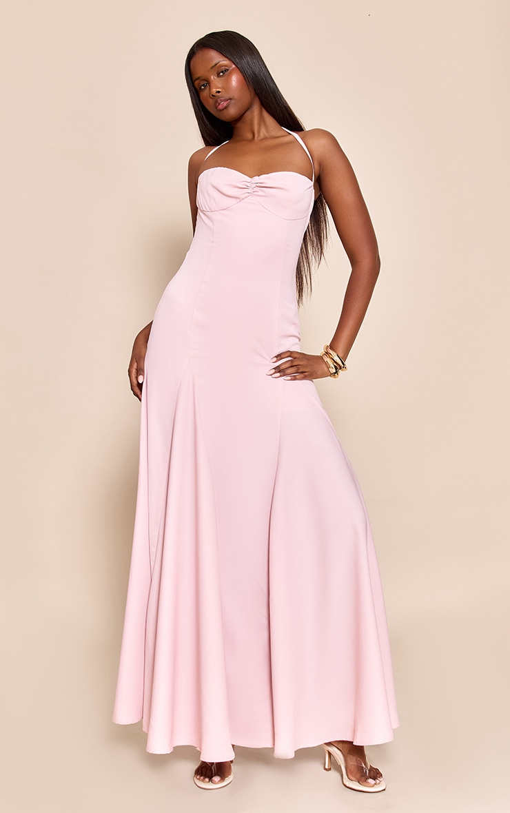 Blush Woven Halterneck Ruched Bust Detail Maxi Dress image 3