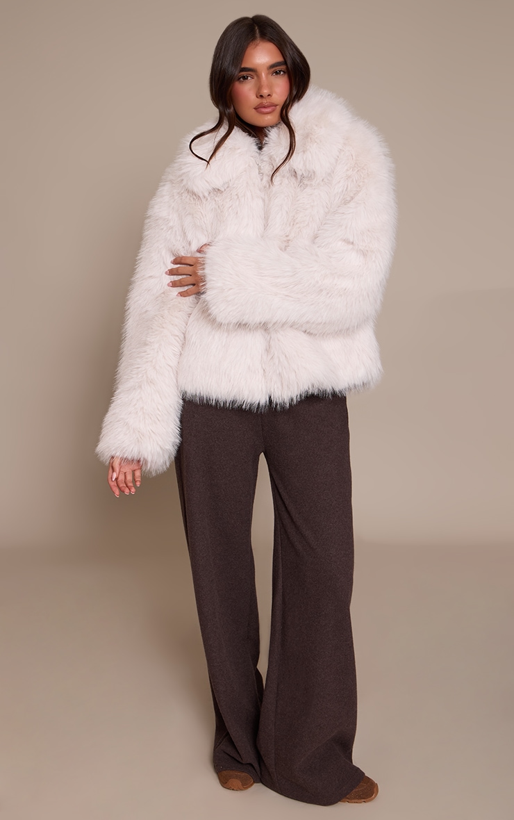 Cream Faux Fur Oversized Collar Coat image 3