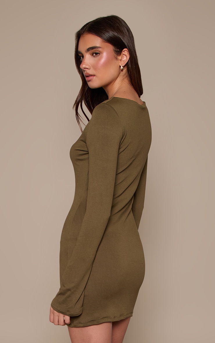Dark Khaki Soft Touch Jersey Long Sleeve Bodycon Dress image 2