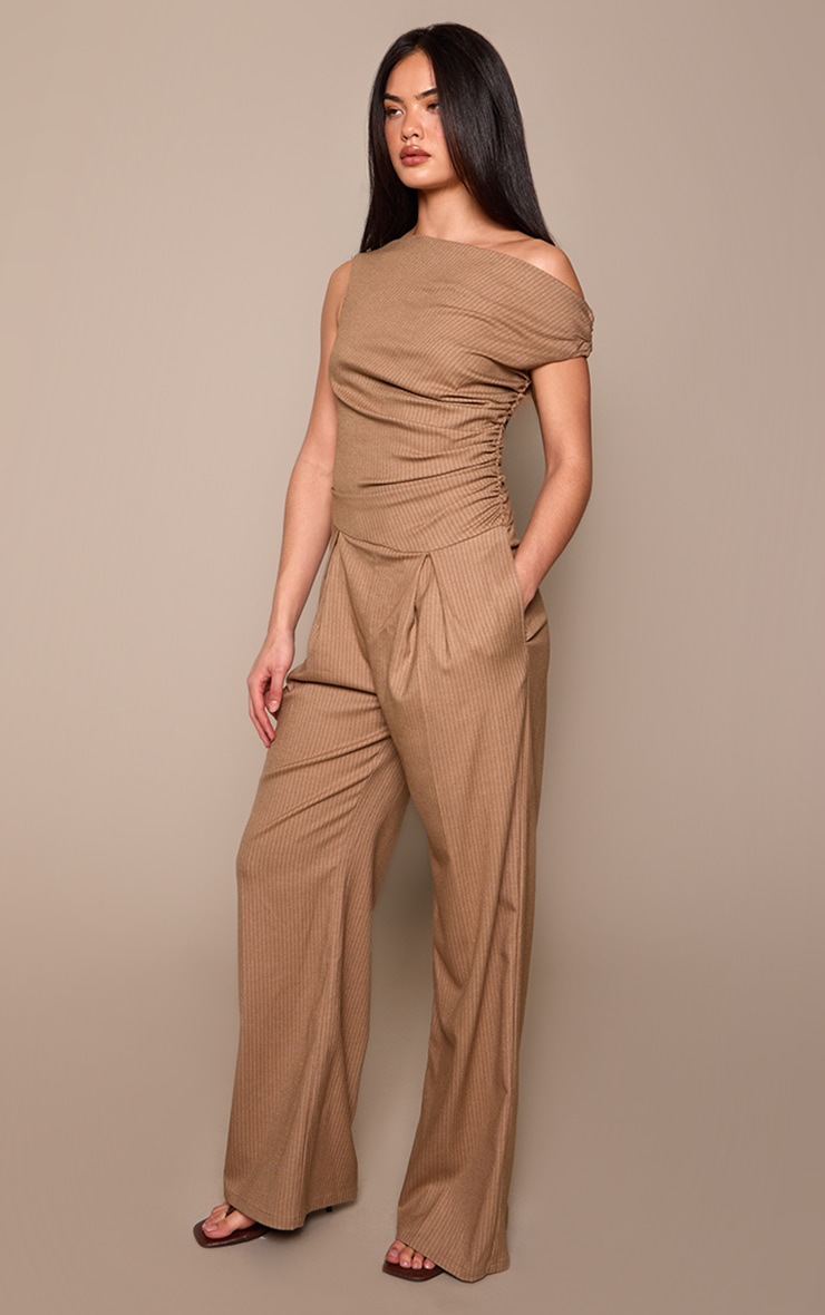 Beige Woven Pinstripe Asymmetric Wide Leg Jumpsuit image 3