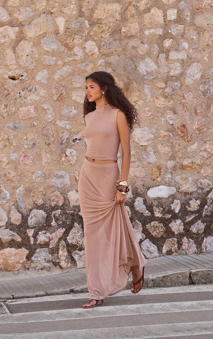 Taupe Mesh Mid Rise Fishtail Maxi Skirt image 3