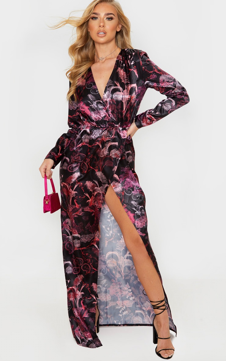 Multi Botanical Print Satin Long Sleeve Wrap Maxi Dress