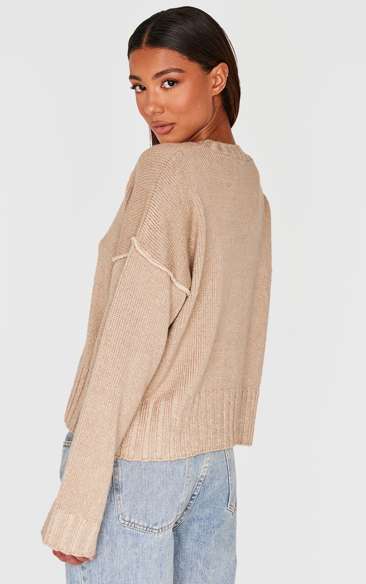 Taupe Exposed Seam Chunky Knit Oversized Sweater image 2