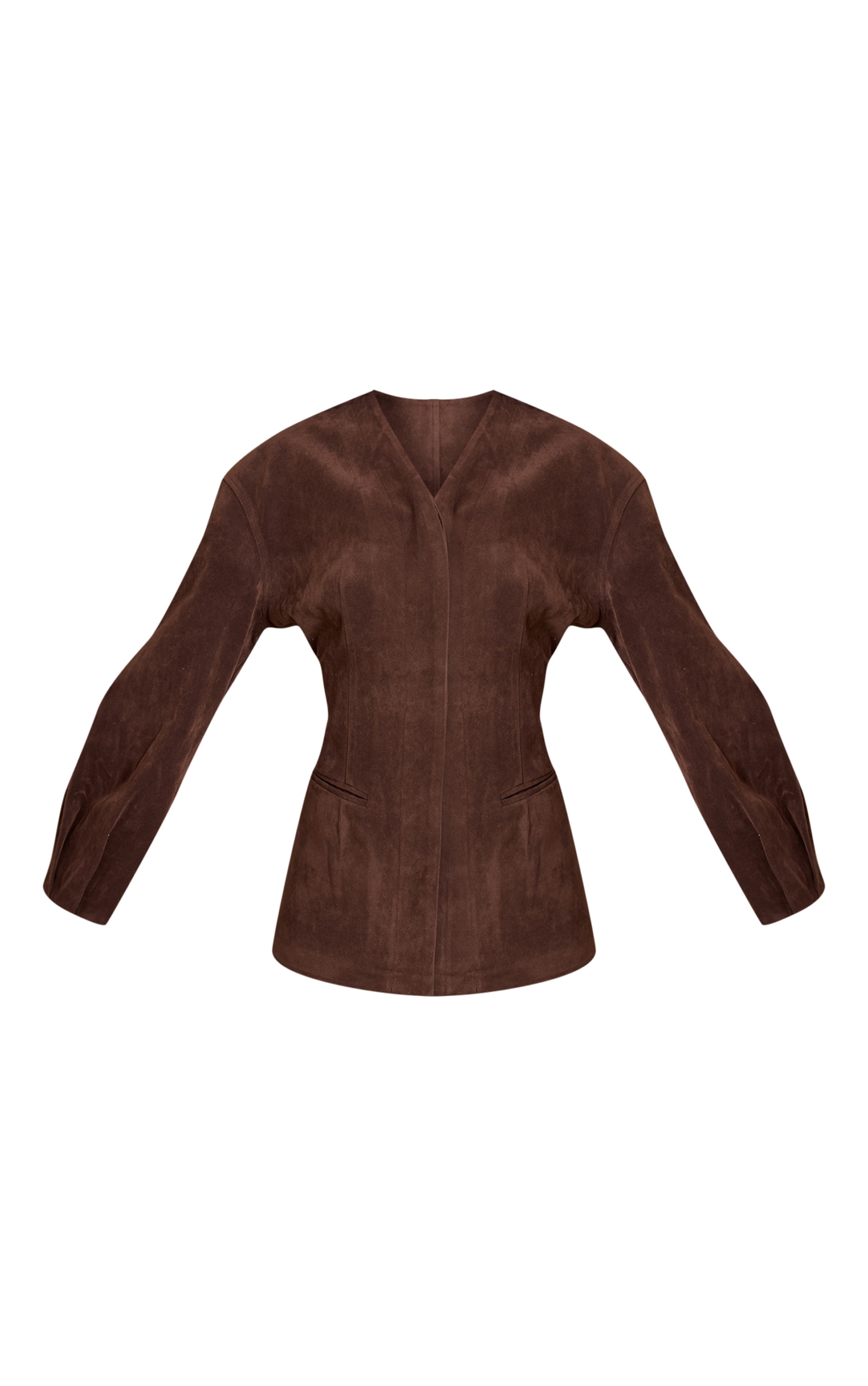 Tall Dark Brown Suede Collarless Cocoon Sleeve Blazer image 5