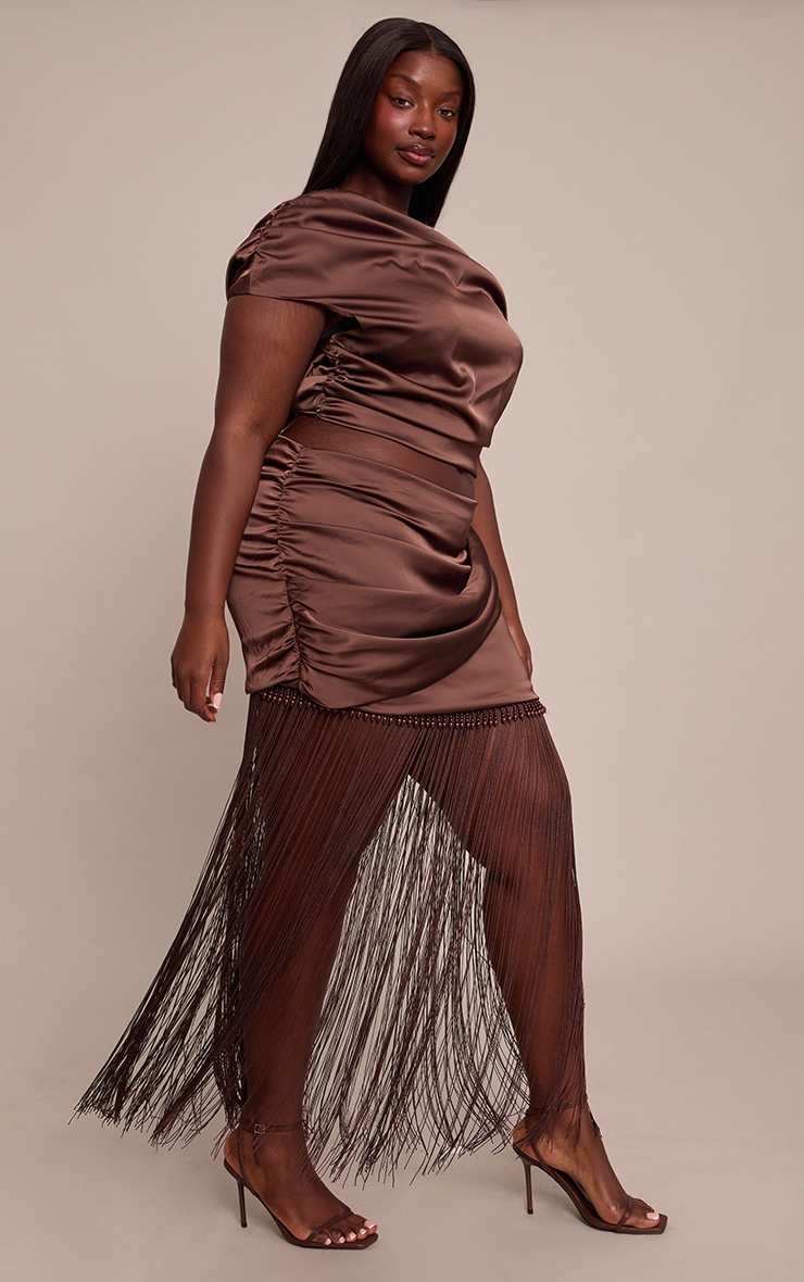 Plus Mini-jupe satinée marron chocolat à ourlet perlé et franges image 2