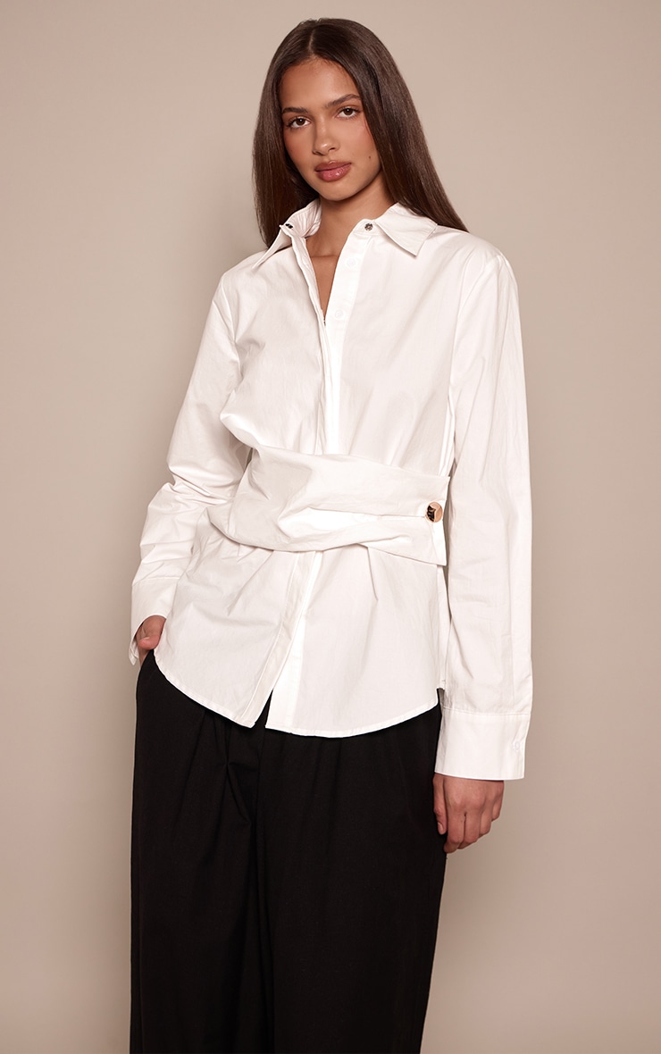 White Cotton Trim Drape Detail Oversized Shirt