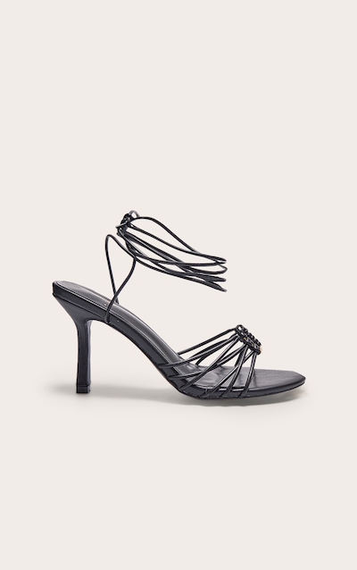 Black Pu Silver Buckle Round Toe Lace Up Heeled Sandals
