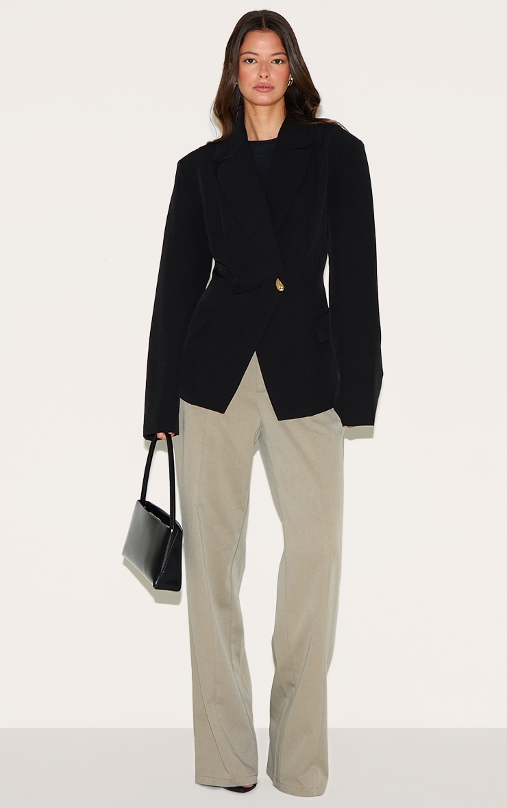 Black Cinched Waist Lapel Point Detail Blazer image 3
