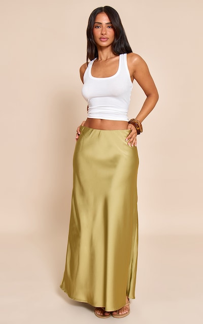 Petite Jupe longue fluide satinée kaki