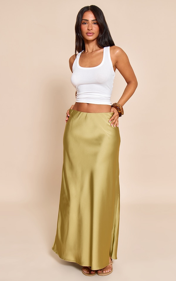 Petite Khaki Satin Flowy Maxi Skirt