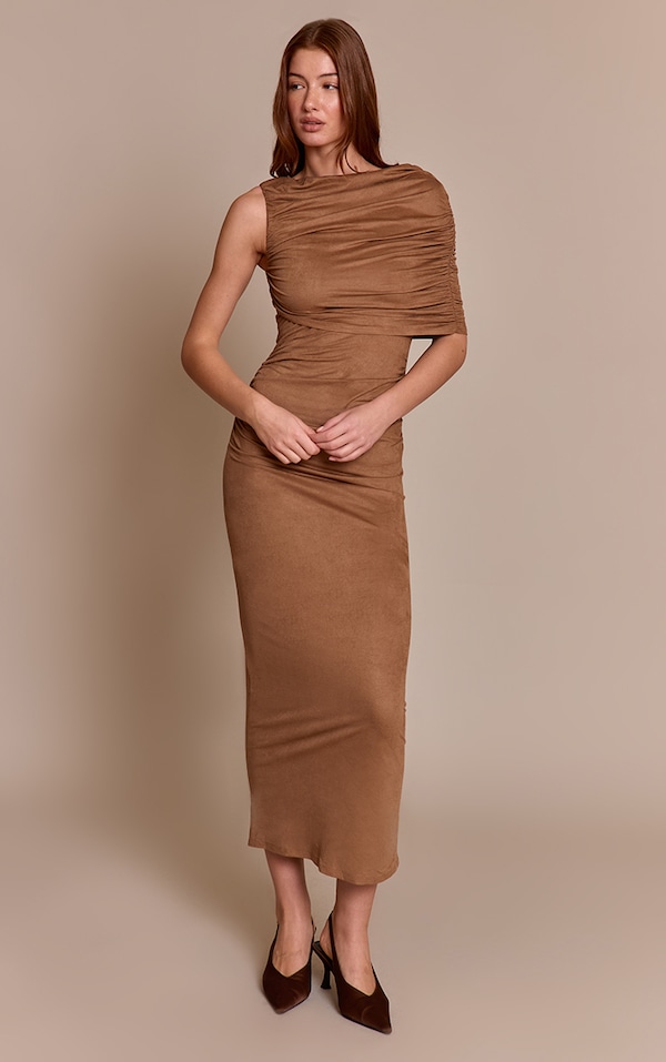 Stone Faux Suede One Shoulder Drape Detail Maxi Dress