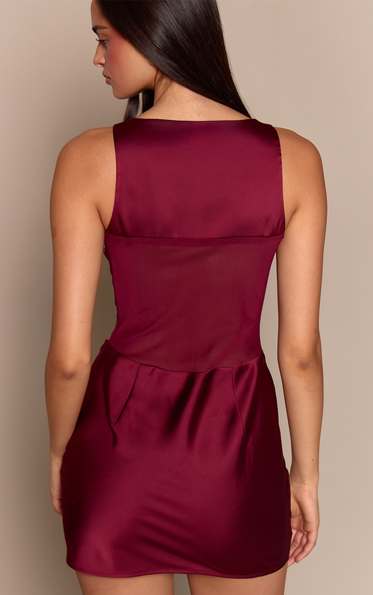 Plum Satin Mesh Panel Detail Mini Dress image 2