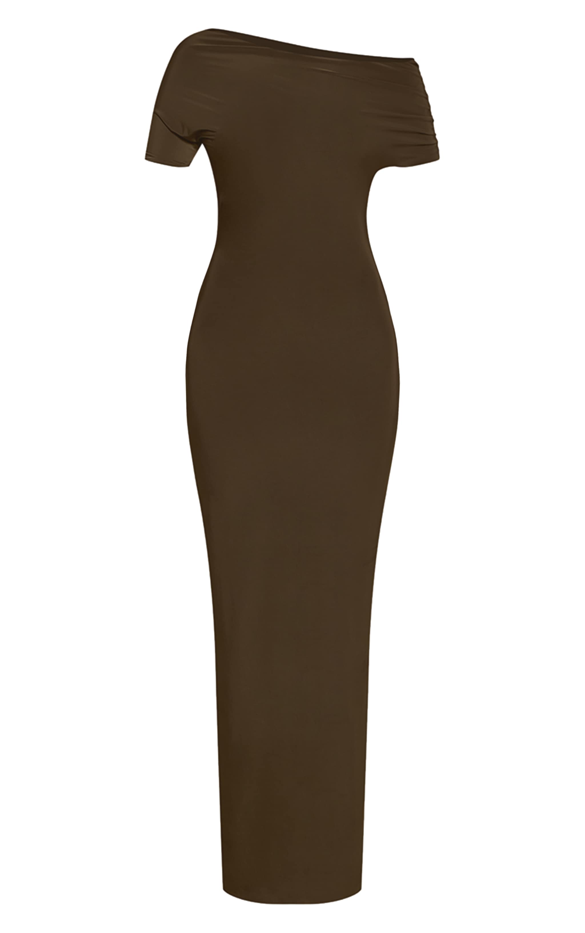 Olive Double Layer Slinky Asymmetric Ruched Sleeve Maxi Dress image 5