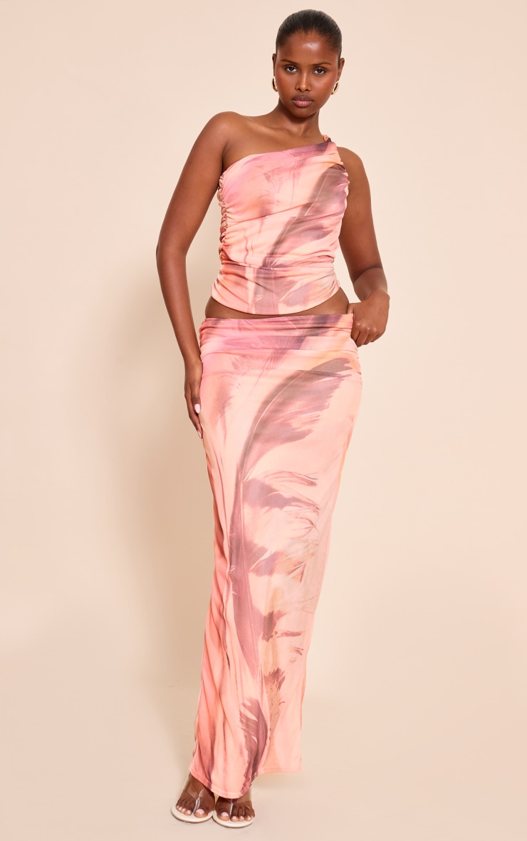 Pink Feather Print Mesh Asymmetric Long Top image 3