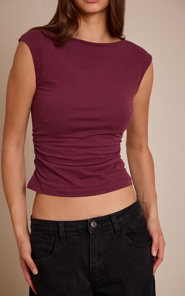 Dark Wine Soft Cotton Ruched Side Sleeveless Top image 4