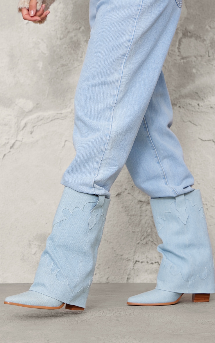 Blue Denim Point Toe Block Heel Fold Over Western Boot image 3