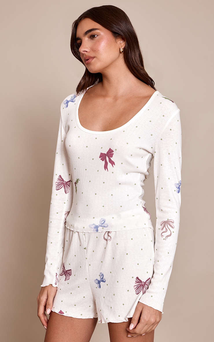 Christmas Bow Fitted Pointelle Long Sleeve Top and Shorts PJ Set image 3
