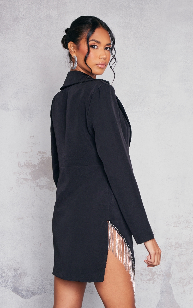 Black Woven Diamante Trim Tassel Detail Blazer Dress image 2