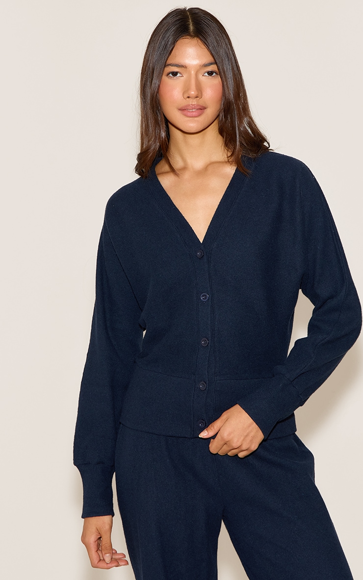 Navy Soft Ribbed Button Up Cardigan image 1