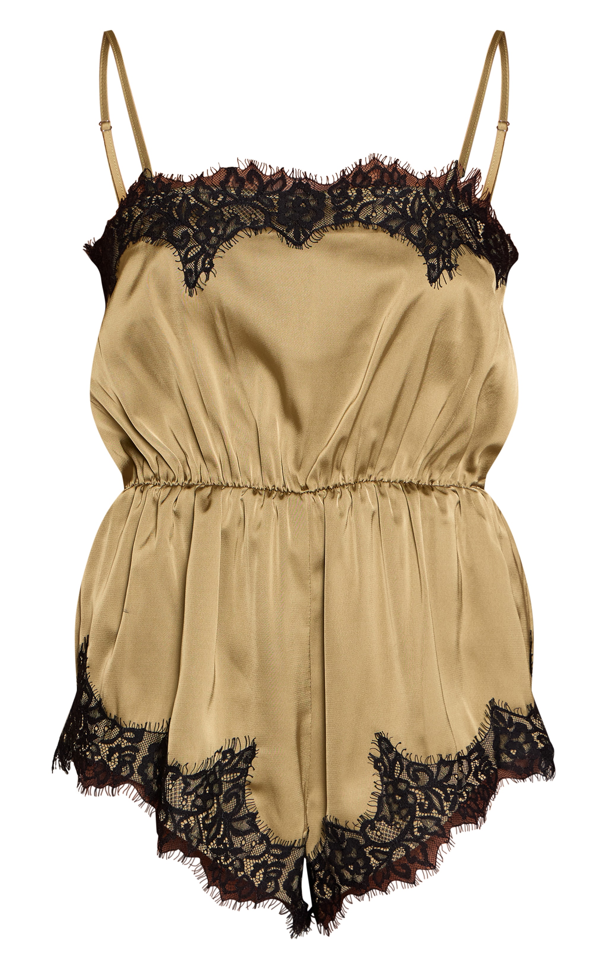 Khaki Satin Spaghetti strap Contrast Lace Romper image 5
