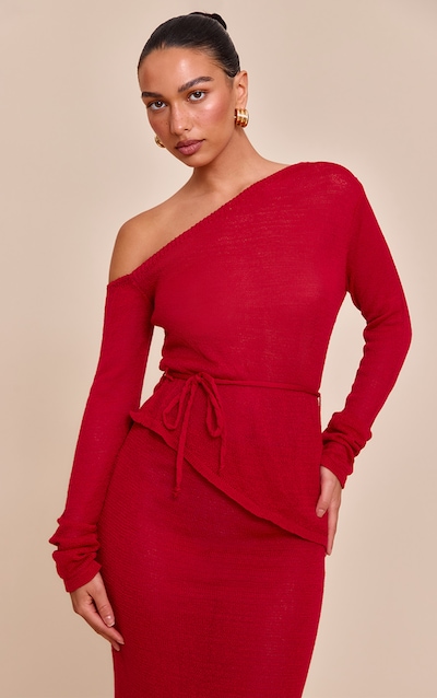 Red Asymmetric Belted Filigree Top